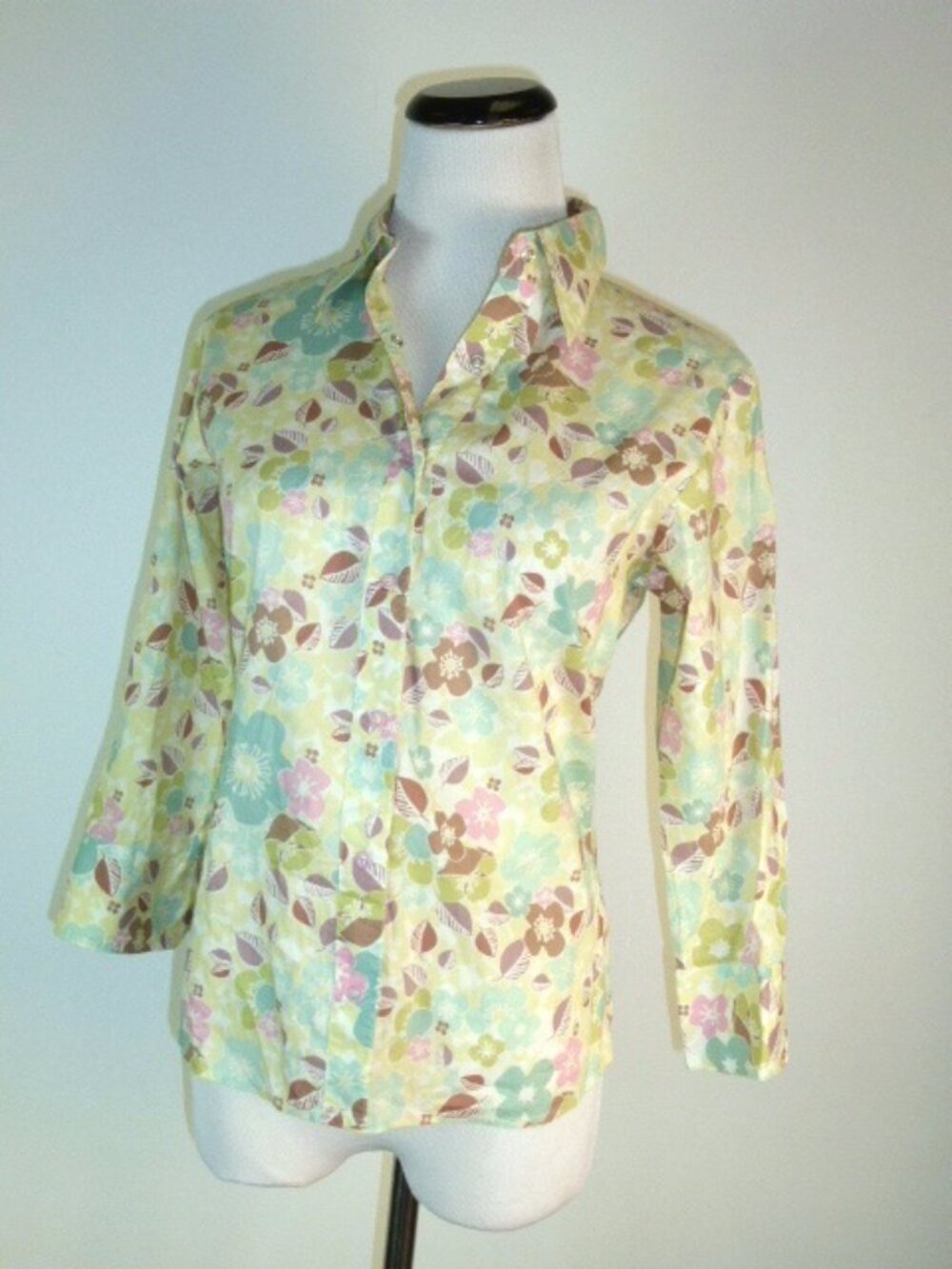 THOMAS PINK blue tan pink green floral snap front COTTON shirt 8